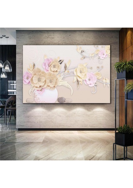 Metal Dallı Yağlı Boya Efektli Çiçek Modern Dekoratif Kanvas Tablo