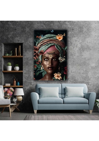 Renkli Çiçek Eşarplı Siyahi Afrikalı Kadın African Woman Kanvas Tablo