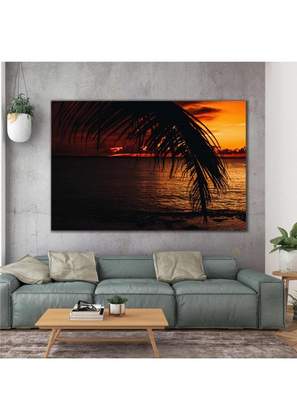 Gün Batımı Palmiye Ağaç Sahil Manzara Kanvas Tablo