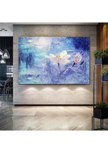 Soyut Beyaz Çiçek Doğa Mavi Tonlar Yağlı Boya Efektli Kanvas Tablo