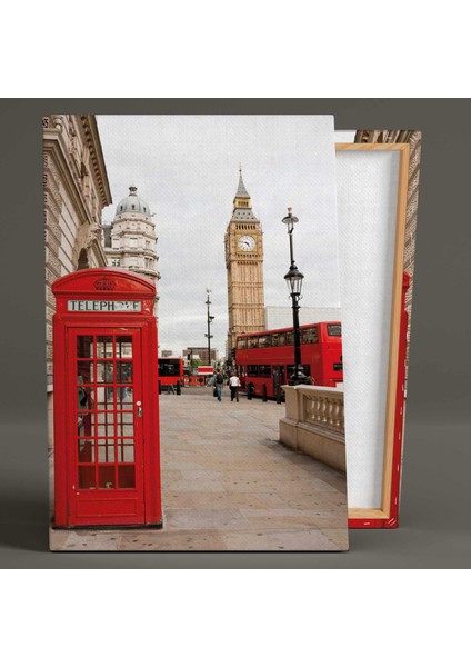 Kırmızı Telefon Kulubesi Saat Kulesi Otobüs Retro Londra Şehir Manzarası Kanvas Tablo