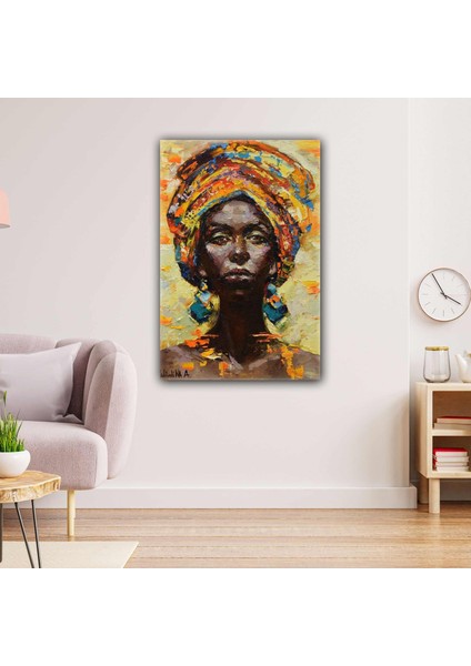 Renkli Küpeli Yağlı Boya Efektli Geleneksel Kıyafetli Afrikalı Kadın Etnik Soyut Kanvas Tablo