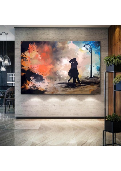 Sokak Lambası Altında Birbirine Sarılan Çift Soyut Aşk Love Kanvas Tablo