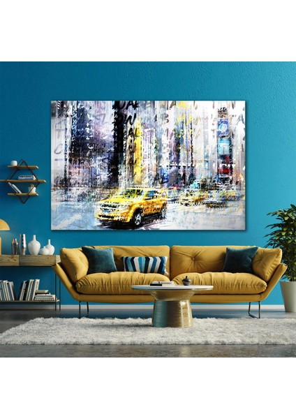 Şehir Manzarası Sokaktaki Arabalar Abstract Taksi Art Dekor Kanvas Tablo