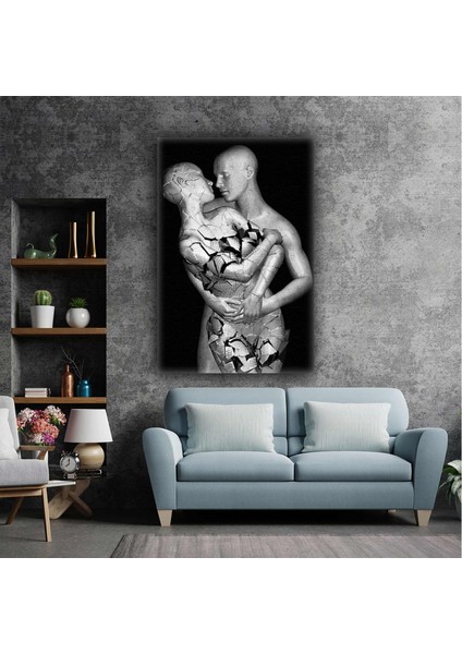 3D Birbirine Sarılan Metal Taş Çift Parçalanmış Aşk Love Kanvas Tablo