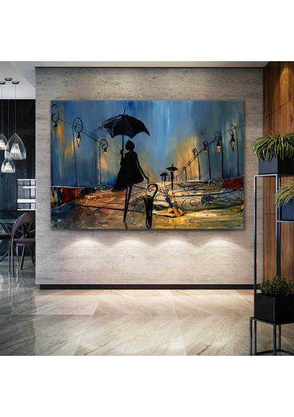 Sokakta Yağmur Altında Yürüyen Gölge İnsanlar Dekor Street Yağlı Boya Efektli Kanvas Tablo