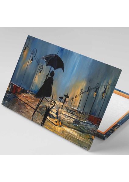 Sokakta Yağmur Altında Yürüyen Gölge İnsanlar Dekor Street Yağlı Boya Efektli Kanvas Tablo fiyatları