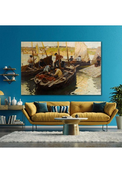 Sandallar Üzerinde Ağları Hazırlayan İnsanlar Manzara Kanvas Tablo