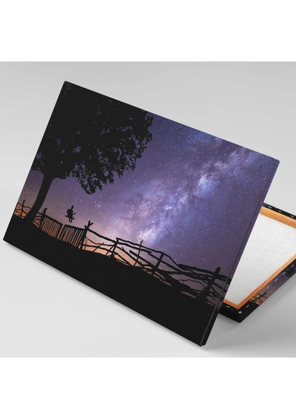 Gece Yıldızlar Altında Salıncakta Sallanan Adam Gece Manzarası Ağaç Kanvas Tablo fiyatları