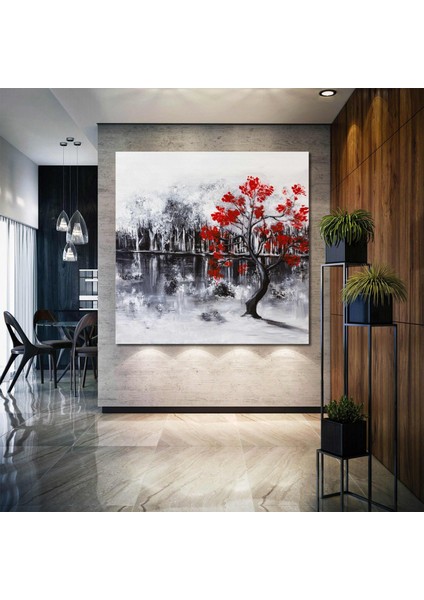 Yağlı Boya Efektli Kırmızı Çiçek Açmış Ağaç Gri Siyah Doğa Manzarası Dekor Kanvas Tablo