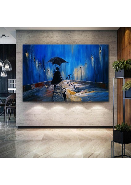 Gece Yağmurda Yürüyen Gölge İnsanlar Dekor Art City Kanvas Tablo