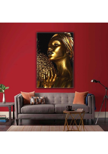 Afrikalı Siyahi Zenci Altın Makyajlı Kadın Gold Ananas Woman Altın Kadın Kanvas Tablo