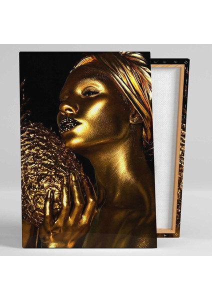 Afrikalı Siyahi Zenci Altın Makyajlı Kadın Gold Ananas Woman Altın Kadın Kanvas Tablo