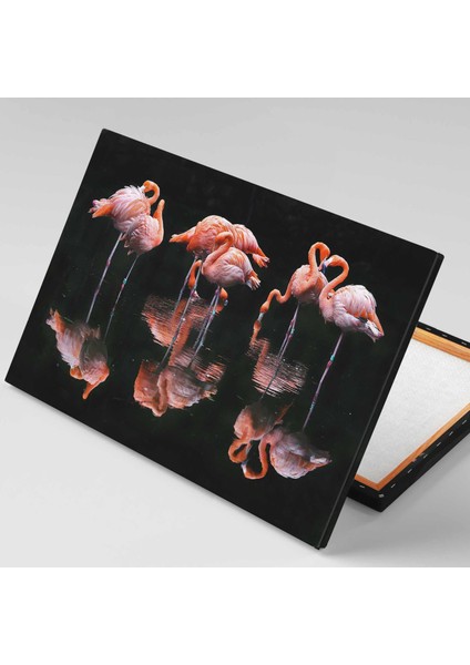 Siyah Gölde Flamingo Sürüsü Doğa Manzara Gece Dark Kanvas Tablo fiyatları