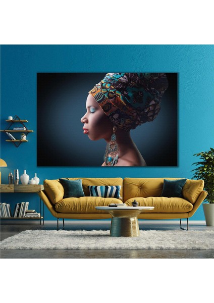 Renkli Eşarplı Küpeli Siyahi Afrikalı Kadın African Woman Kanvas Tablo