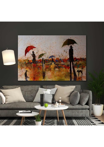 Yağmur Altında Yürüyen Renkli Şemsiyeli Gölge İnsanlar Doğa Manzara Dekor Kanvas Tablo