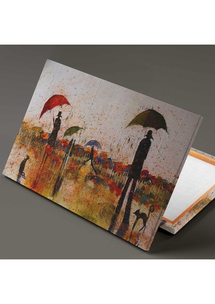 Yağmur Altında Yürüyen Renkli Şemsiyeli Gölge İnsanlar Doğa Manzara Dekor Kanvas Tablo fiyatları