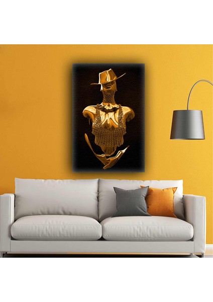 3D Metal Zincirli Zırh Bronz Şapkalı Kadın Kanvas Tablo
