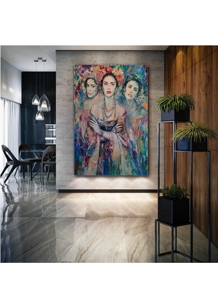 Çiçek Saçlı Kadınlar Yağlı Boya Efektli Kırmızı Rujlu Woman Takı Makyaj Dekor Kanvas Tablo