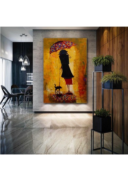 Kırmızı Şemsiyeli Kadın Ve Kedisi Yağlı Boya Efektli Modern Sanat Dekor Kanvas Tablo