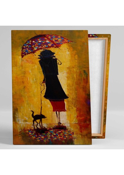 Kırmızı Şemsiyeli Kadın Ve Kedisi Yağlı Boya Efektli Modern Sanat Dekor Kanvas Tablo fiyatları