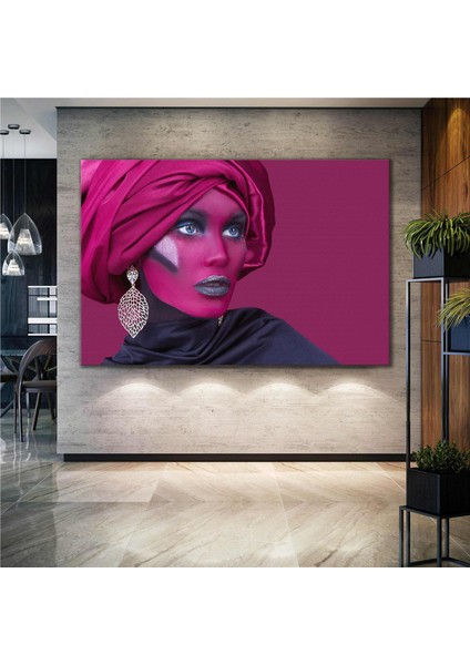Pembe Eşarplı Küpeli Kadın Makyaj Woman Kanvas Tablo
