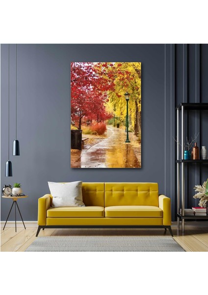 Sonbaharda Ağaçlar Altında Sokak Lambası Manzara Çiçek Ağaç Kanvas Tablo
