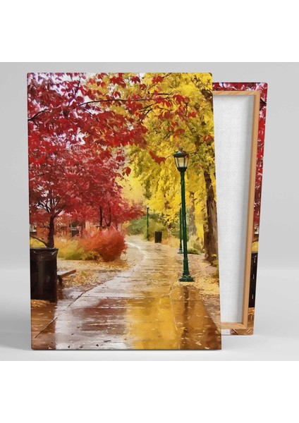 Sonbaharda Ağaçlar Altında Sokak Lambası Manzara Çiçek Ağaç Kanvas Tablo fiyatları