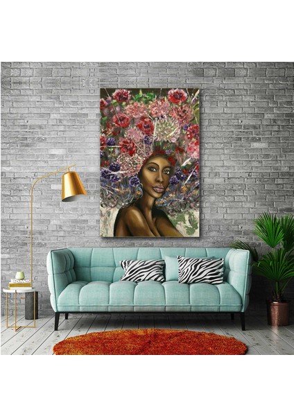 Renkli Çiçek Kafalı Afrikalı Kadın African Woman Kanvas Tablo