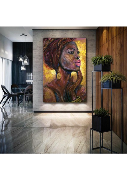Kırmıjı Rujlu Büyük Dudaklı Afrikalı Kadın Gold Takı African Woman Kanvas Tablo