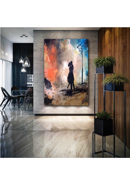 Sokak Lambası Altında Birbirine Sarılan Çift Soyut Aşk Love Kanvas Tablo