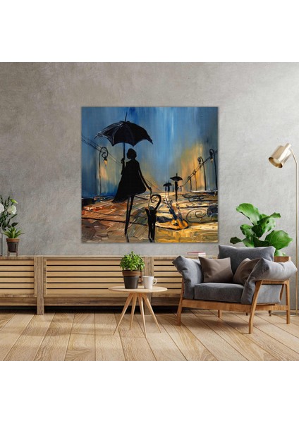 Sokakta Yağmur Altında Yürüyen Gölge İnsanlar Dekor Street Yağlı Boya Efektli Kanvas Tablo