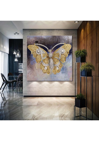 Altın İşlemeli Kelebek Gold Soyut Sanat Kanvas Tablo