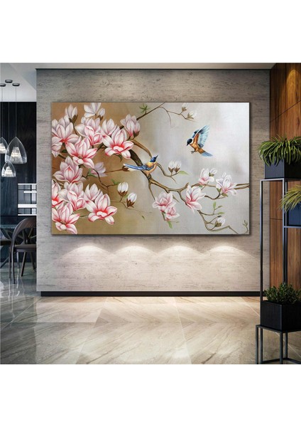 SML Tablo Dekoratif Yağlı Boya Efektli Çiçek Modern Dala Konmuş Kuş Kanvas Tablo