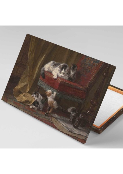 Kedi Ve Yavruları Modern Sanat Yağlı Boya Efektli Kanvas Tablo