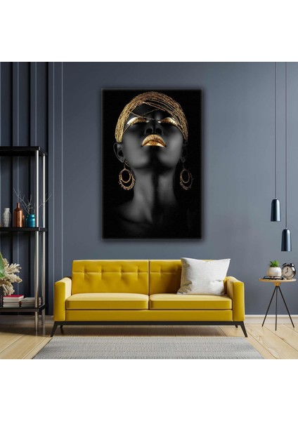 Afrikalı Siyahi Zenci Altın Küpeli Kadın Gold Takı African Woman Kanvas Tablo