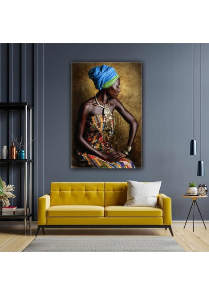 Afrikalı Kadın Gold Bilezik Küpe Eşarp Etnik Kıyafet Kanvas Tablo