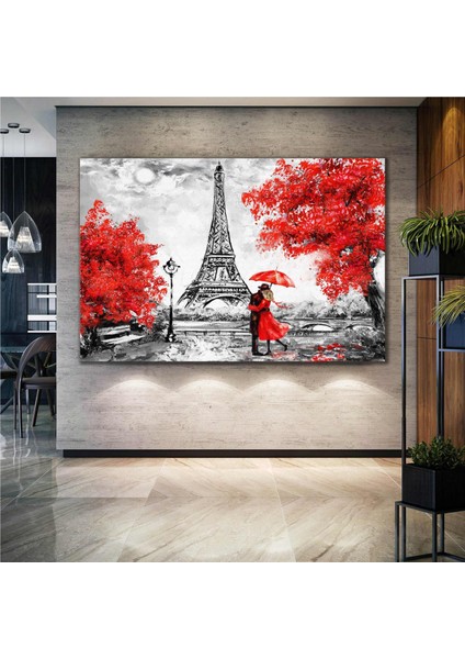 Yağlı Boya Efektli Eyfel Kulesi Sarılan Çift Kırmızı Şemsiye Paris Kanvas Tablo