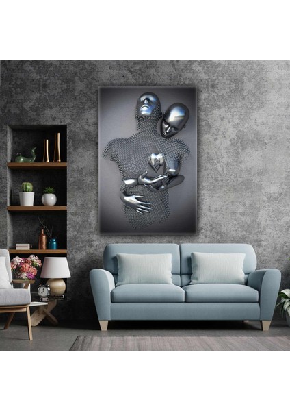 3D Görünümlü Birbirine Sarılan Gümüş Çift Aşk Love Zincir Metal Kanvas Tablo