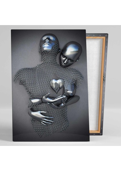 3D Görünümlü Birbirine Sarılan Gümüş Çift Aşk Love Zincir Metal Kanvas Tablo
