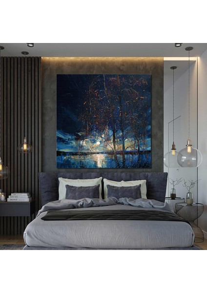 Gece Ay Işığı Altında Doğa Manzarası Yakamoz Dekor Kanvas Tablo