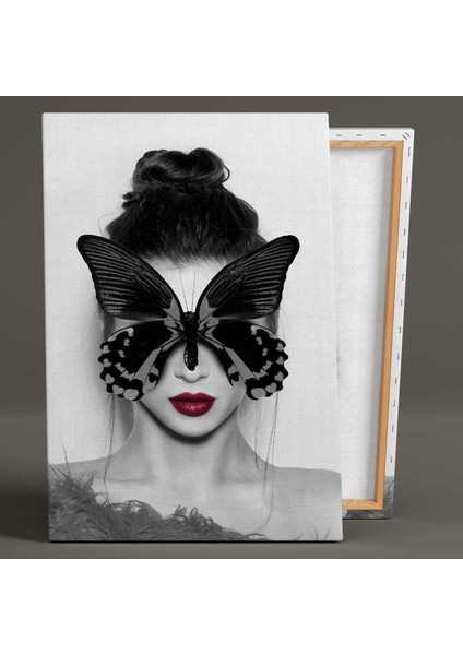 Kelebek Suratlı Kadın Model Kırmızı Ruj Maske Kanvas Tablo