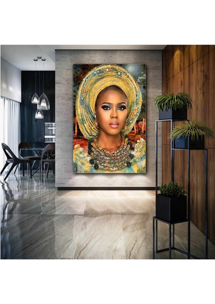 Afrikalı Kadın Takı Etnik Kıyafet African Woman Yağlı Boya Efektli Kanvas Tablo