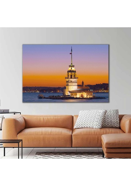 İstanbul Boğazı Kız Kulesi Gece Işık Görünüm Kanvas Tablo