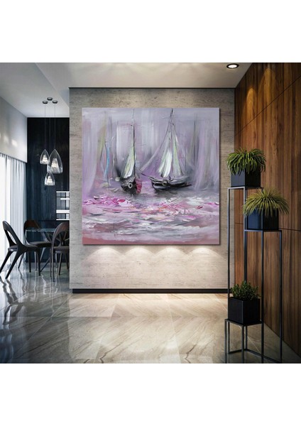 Yağlı Boya Efektli Soyut Gemiler Pembe Pastel Ton Sanat Kanvas Tablo