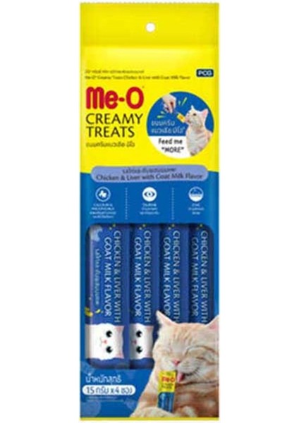 Me-O Creamy Treats Tavuk Karaciğer ve Keçi Sütlü Ek Besin ve Kedi Ödülü 4X15GR