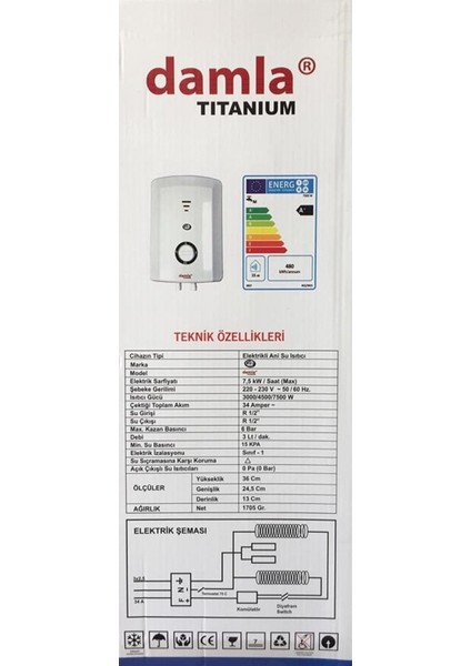 Titanium Elektrikli Şofben - Ani Su Isıtıcı Şohben - Banyo Şofbeni 7500W