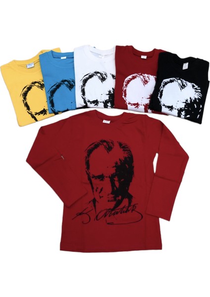 Atatürk Uzun Kollu Penye Süper Tişört 23 Nisan 29 Ekim 10 Kasım Siyah Beyaz Kırmızı Sarı Turkuaz fırsatları