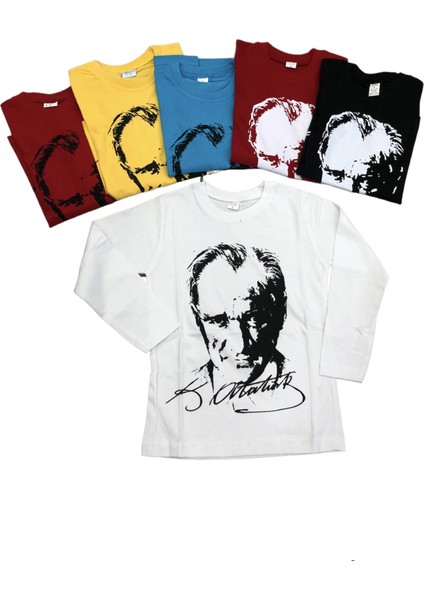 Atatürk Uzun Kollu Penye Süper Tişört 23 Nisan 29 Ekim 10 Kasım Siyah Beyaz Kırmızı Sarı Turkuaz modelleri