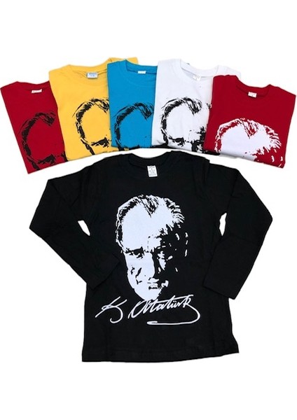 Atatürk Uzun Kollu Penye Süper Tişört 23 Nisan 29 Ekim 10 Kasım Siyah Beyaz Kırmızı Sarı Turkuaz